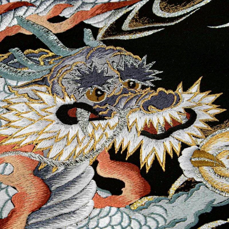 産着 お宮参り 着物 レンタル 男の子 手振り刺繍 黒 龍に虎 瑞雲 の