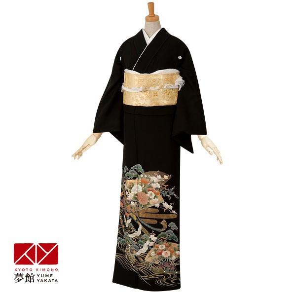 ブランド登録なし - 黒留袖 賃借  華燭の典 訳あり 扇子に名取り草と鶴松 貸御召しもの フルセット 相応う身たけ147〜159糎 T102