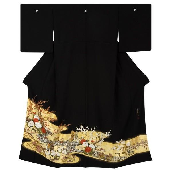 黒留袖 レンタル  結婚式 金箔霞に紅白牡丹 貸衣装 フルセット 対応身長147〜158cm T114の画像