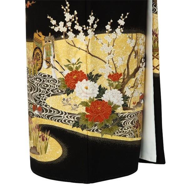 黒留袖 レンタル  結婚式 金箔霞に紅白牡丹 貸衣装 フルセット 対応身長147〜158cm T114の画像
