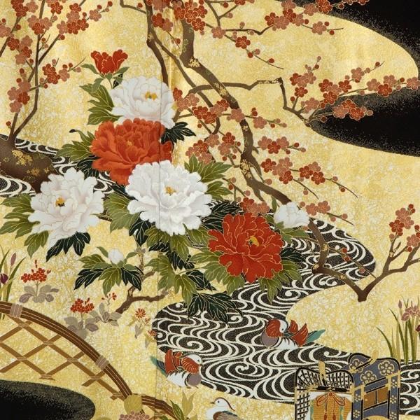 黒留袖 レンタル  結婚式 金箔霞に紅白牡丹 貸衣装 フルセット 対応身長147〜158cm T114の画像