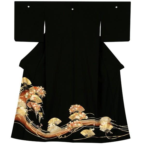 黒留袖 レンタル 大きいサイズ 結婚式 波に扇面(w)(T294) 着物 貸衣装 お呼ばれ 女性 和装 親族 対応身長150〜160cm T178 黒留袖 160cm
