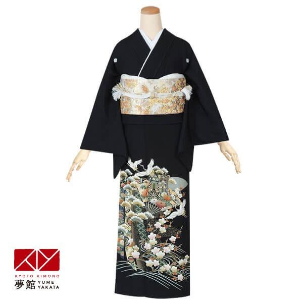 黒留袖 レンタル 結婚式 几帳に御所車 鶴(絹) 着物 貸衣装 お呼ばれ 女性 和装 親族 対応身長147〜159cm T275