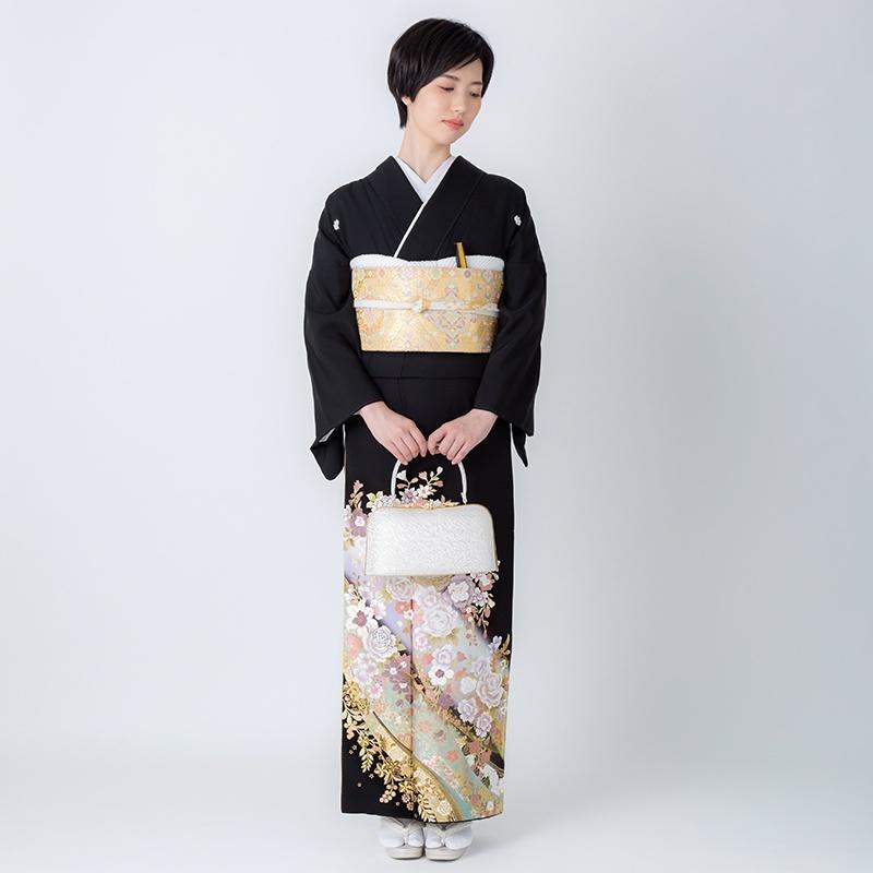 黒留袖　フルセット　着物　正絹　平安時代　結婚式　比翼 ロング　扇取り　G12 SOUBIEN レンタル 黒留袖 フルセット 結婚式 着物 黒 袷 比翼仕立て 松