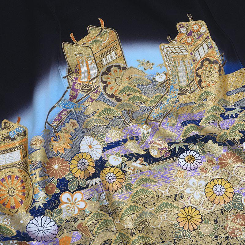 黒留袖 レンタル 夏用 単衣 桂由美 結婚式 刺繍 青ぼかし 御所車に檜扇