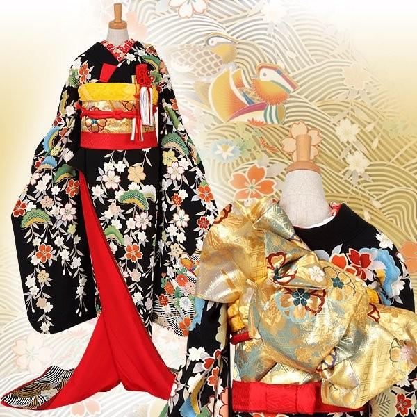 花嫁衣裳 引き振袖 大振袖 レンタル 安い 結婚式 婚礼 黒 しだれ桜と松 金銀青海波の裾模様 ホテル・式場への配送OK W001の画像