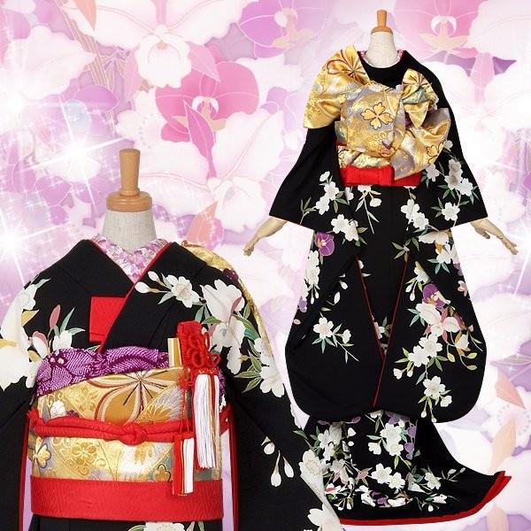 花嫁衣裳 引き振袖 大振袖 レンタル 安い 結婚式 婚礼 黒 桜に胡蝶蘭