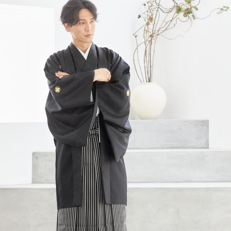 2月〜12月利用 紋付袴 男 レンタル 結婚式 式典 黒紋付×縞袴 卒業式