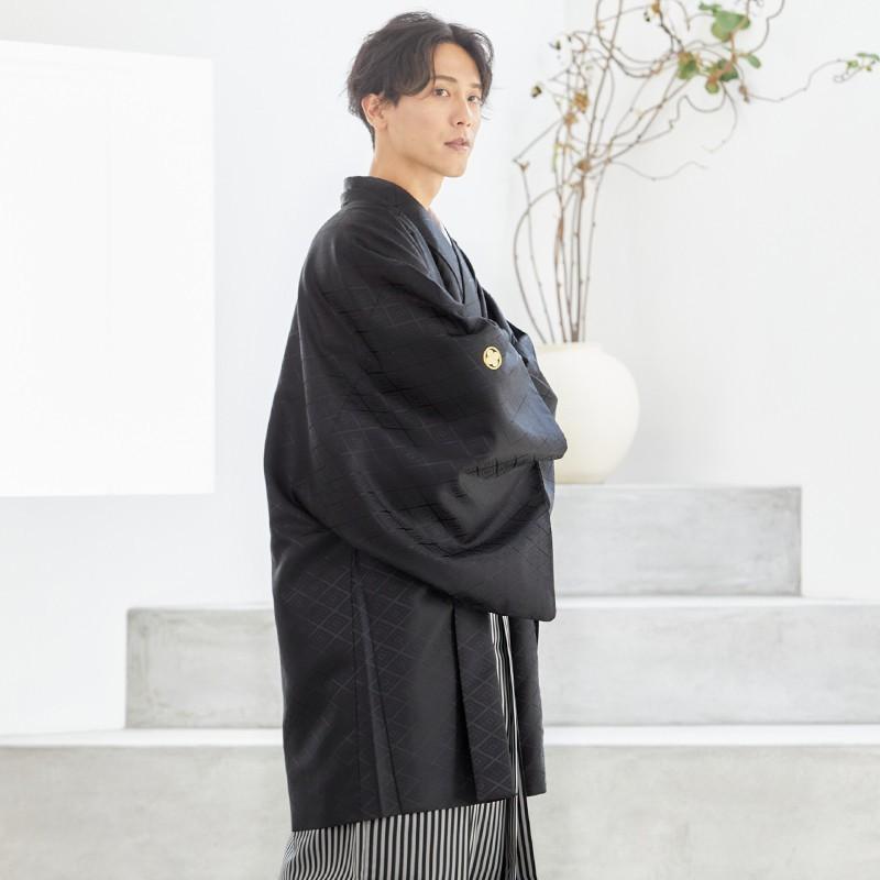 2月〜12月利用 紋付袴 男 レンタル 結婚式 式典 黒紋付×縞袴 卒業式