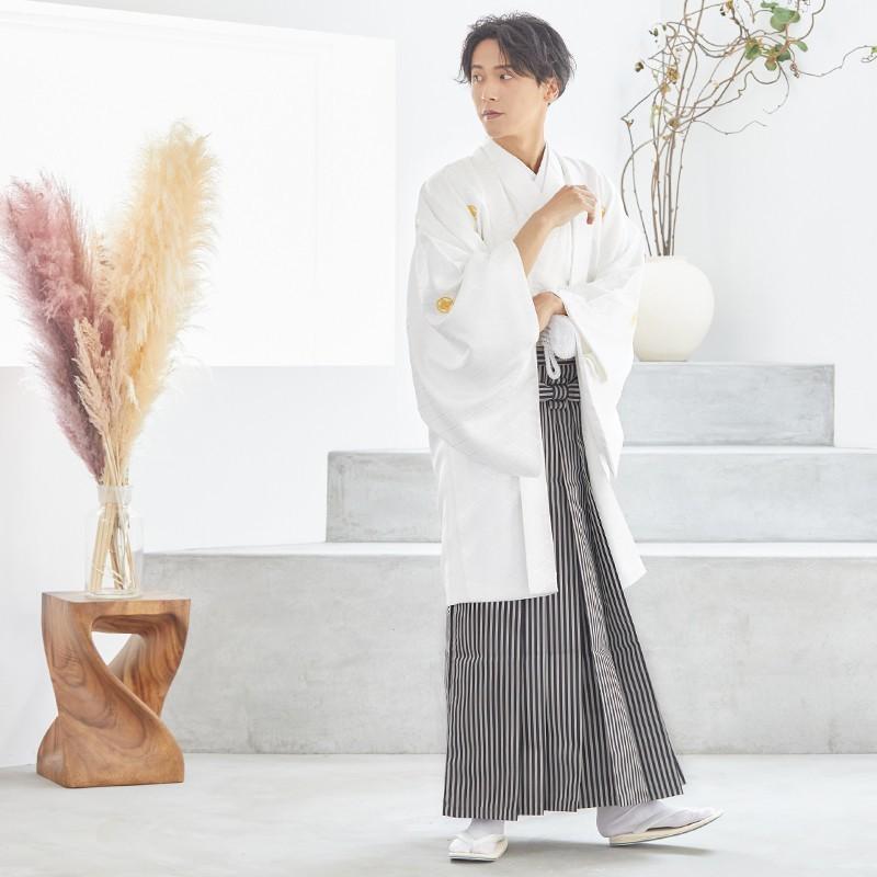 2月〜12月利用 紋付袴 男 レンタル 結婚式 式典 白紋付×縞袴 卒業式