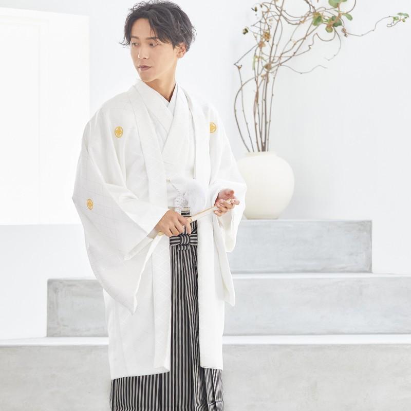 2月〜12月利用 紋付袴 男 レンタル 結婚式 式典 白紋付×縞袴 卒業式