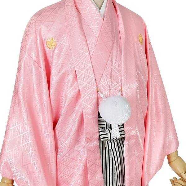 2月〜12月利用 紋付袴 男 レンタル 結婚式 式典  ピンク紋付×縞袴 卒業式 羽織袴 対応身長173〜177cm Y015-Y175_1