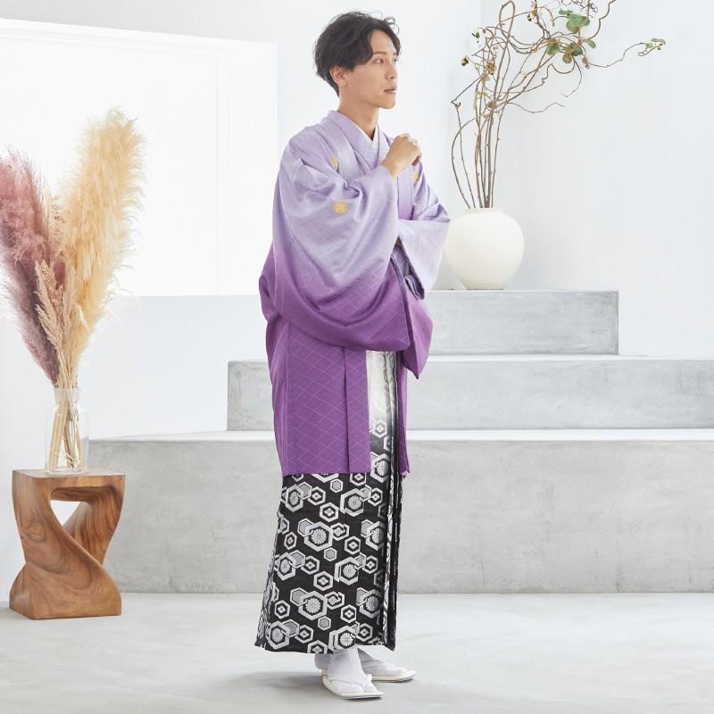 2月〜12月利用 紋付袴 男 レンタル 結婚式 式典  紫ぼかし紋付×柄袴 卒業式 羽織袴 対応身長163〜167cm Y020-Y165_5