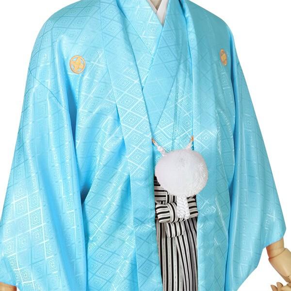 2月〜12月利用 紋付袴 男 レンタル 結婚式 式典  水色紋付×白黒銀縞 卒業式 羽織袴 対応身長163〜167cm Y021-Y165_1