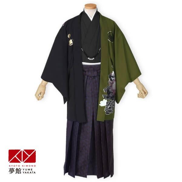 2月〜12月利用 紋付袴 男 レンタル 結婚式 式典 ジャパンスタイル 黒×抹茶 唐獅子牡丹×柄袴 卒業式 羽織袴 対応身長163〜167cm Y025-Y165