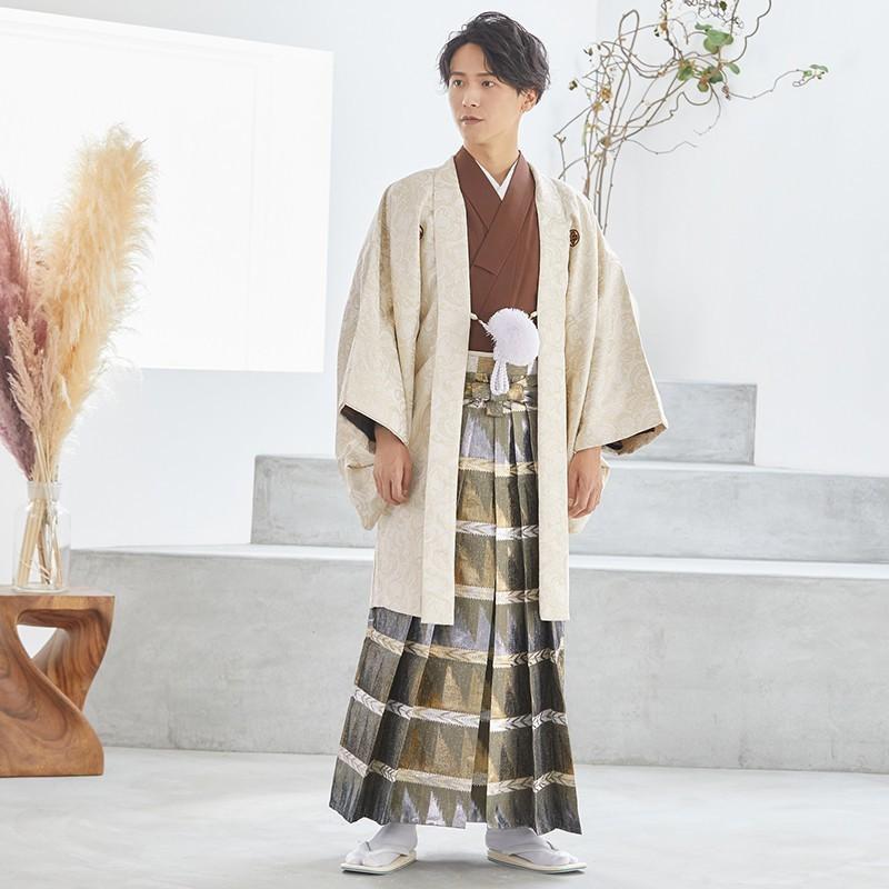 2月〜12月利用 紋付袴 男 レンタル 結婚式 式典 クリーム 金唐草×柄袴