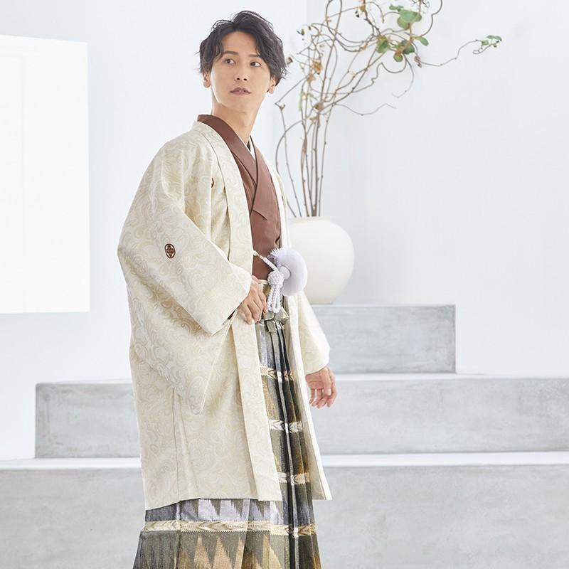 2月〜12月利用 紋付袴 男 レンタル 結婚式 式典 クリーム 金唐草×柄袴