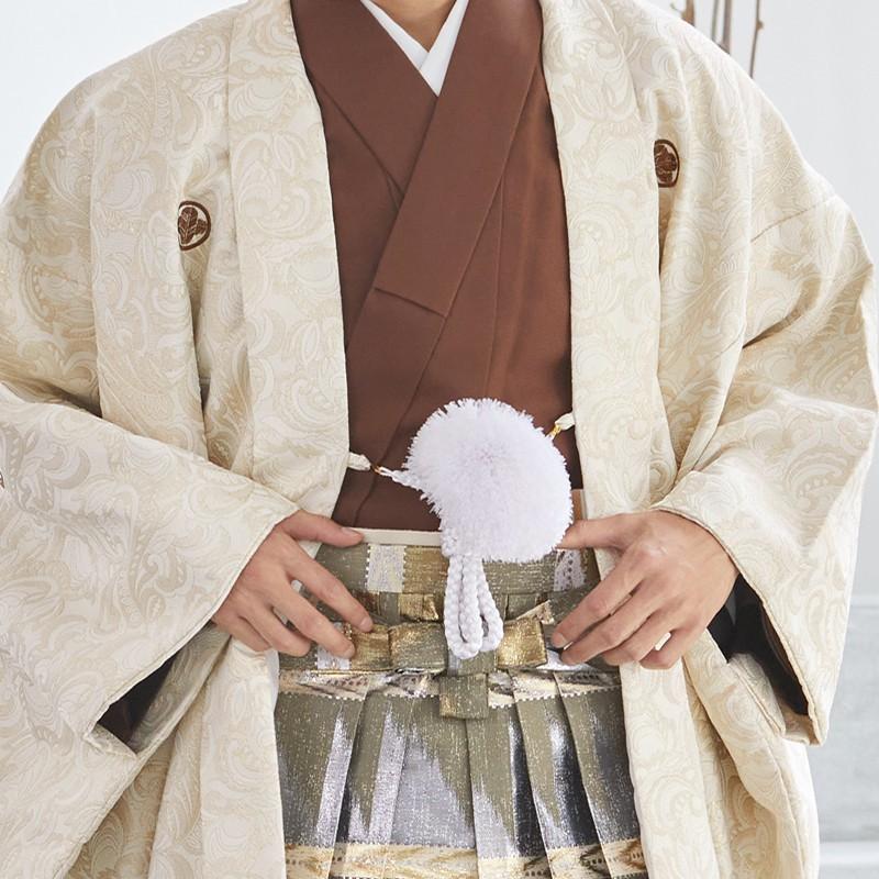 2月〜12月利用 紋付袴 男 レンタル 結婚式 式典 クリーム 金唐草×柄袴