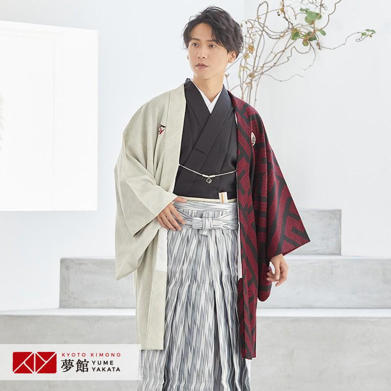 2月〜12月利用 紋付袴 男 レンタル 結婚式 式典 ジャパンスタイル 白×赤 網代×柄袴 卒業式 羽織袴 対応身長178〜182cm Y034-Y180
