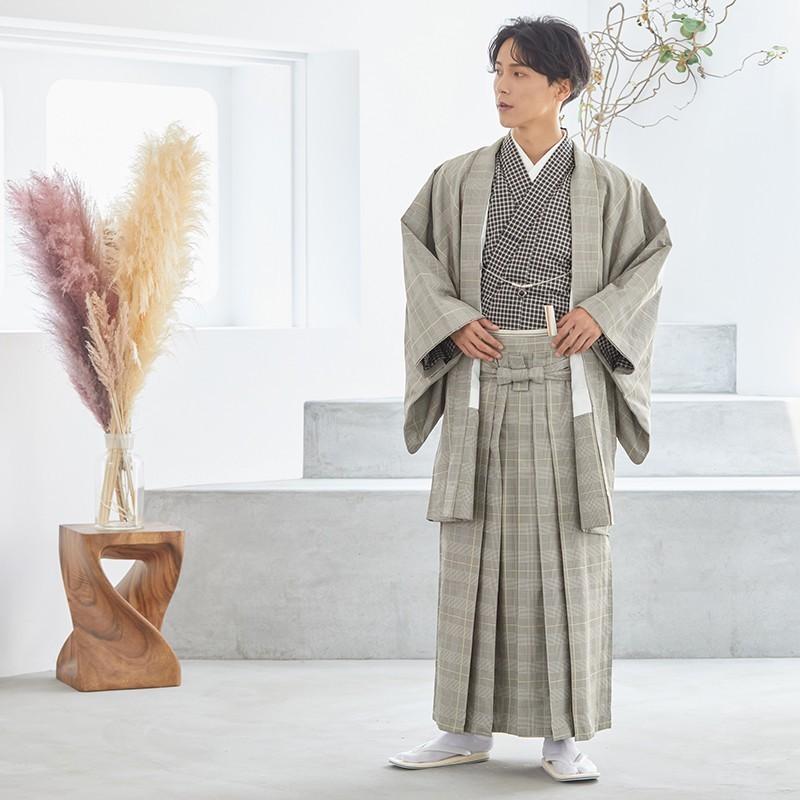 2月〜12月利用 紋付袴 男 レンタル 結婚式 式典 グレージュ チェック