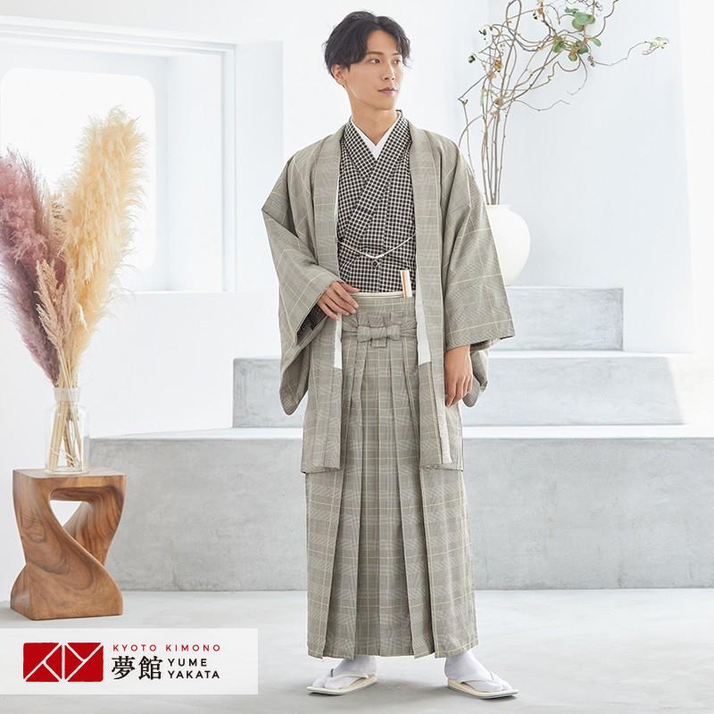2月〜12月利用 紋付袴 男 レンタル 結婚式 式典  グレージュ チェック×柄袴 卒業式 羽織袴 対応身長173〜177cm Y040-Y175