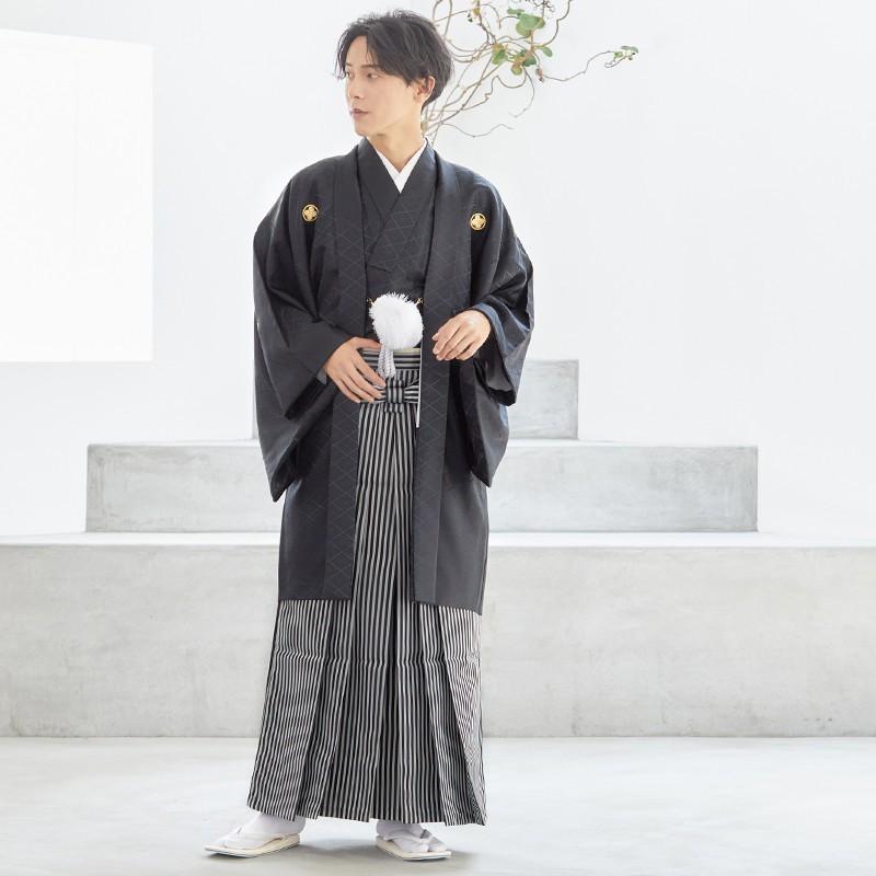 紋付袴 レンタル 結婚式 成人式 卒業式 黒紋付×縞袴 対応身長183