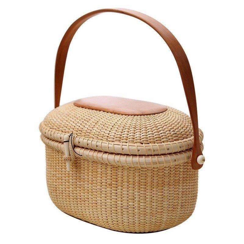 職人手作り 提籃籠 竹編みバッグ 便攜 小物入れ籠 ハンドバッグ