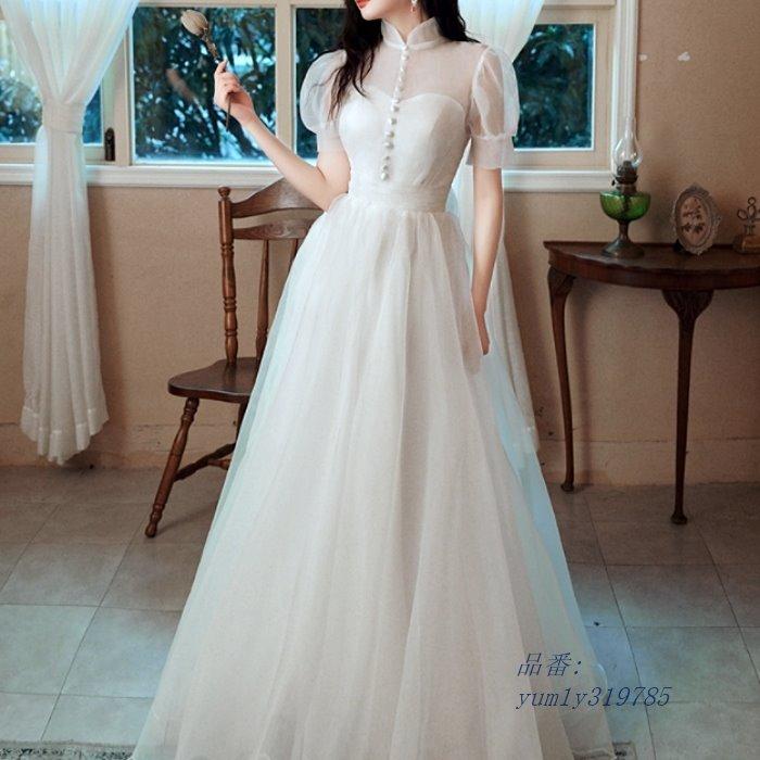 ラッピング不可 パーティードレス 結婚式 花嫁ドレス 二次会 レディース ウェディングドレス Aライン 海外 披露宴 お呼ばれ ガーデン レストラン ワンピース カジュアル ボタン フレア ハイウエスト 襟なし Vネック ホワイト 白 ミモレ丈 袖あり クラシカル リボン 長袖