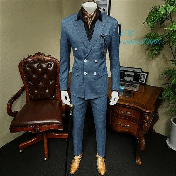 即日出荷 スリーピース 3点セット メンズ ブルー 青 セレモニースーツ 細身 冠婚 結婚式 紳士服 チェック柄 セットアップ ダブルブレストスーツ 高級感 Lewisfamilyinsurance Com