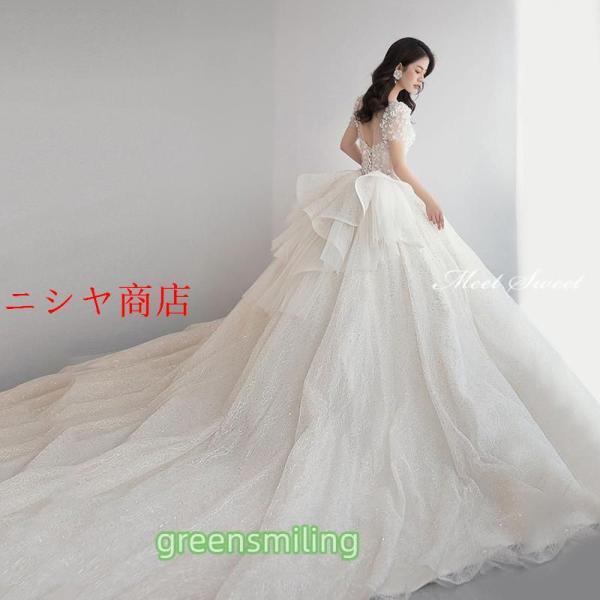 ウェディングドレス 二次会 結婚式 前撮り ブライダル ロングドレス 花嫁 プリンセスライン 半袖 キラキラ 華やか プリンセスドレス フォーマル 披露宴_2