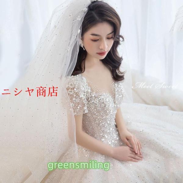 ウェディングドレス 二次会 結婚式 前撮り ブライダル ロングドレス 花嫁 プリンセスライン 半袖 キラキラ 華やか プリンセスドレス フォーマル 披露宴_3