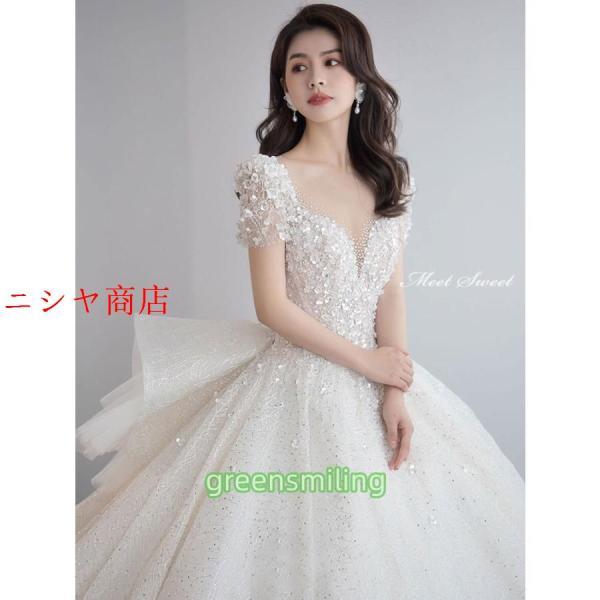 ウェディングドレス 二次会 結婚式 前撮り ブライダル ロングドレス 花嫁 プリンセスライン 半袖 キラキラ 華やか プリンセスドレス フォーマル 披露宴_4
