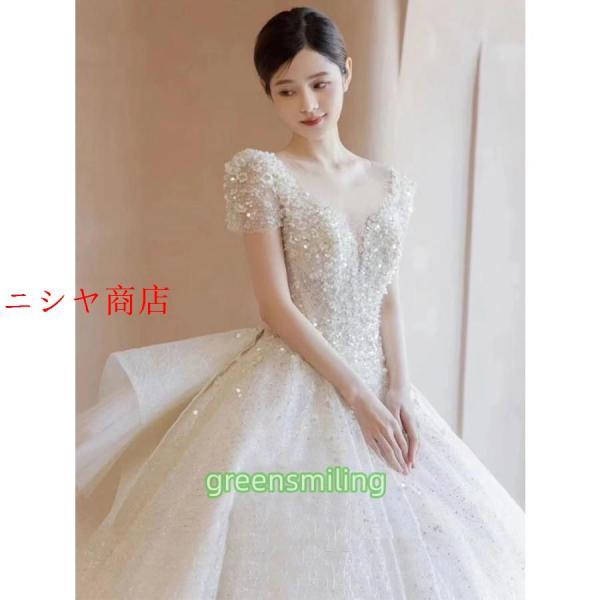 ウェディングドレス 二次会 結婚式 前撮り ブライダル ロングドレス 花嫁 プリンセスライン 半袖 キラキラ 華やか プリンセスドレス フォーマル 披露宴_7