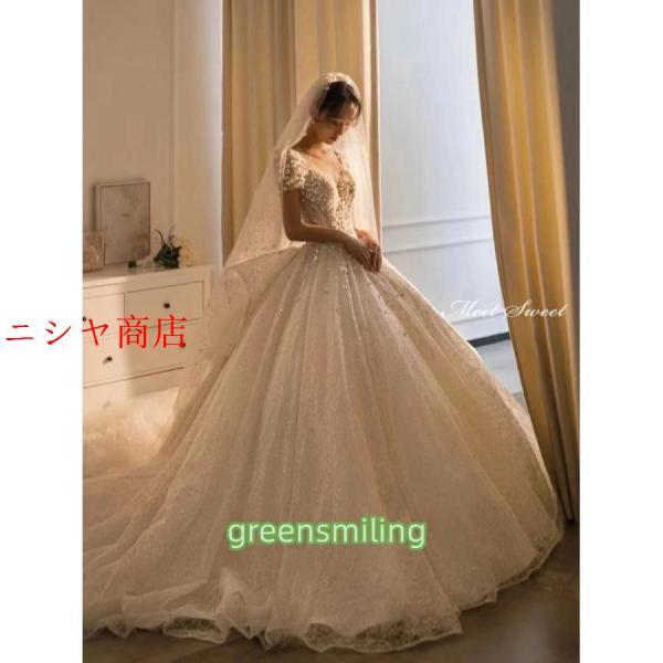 ウェディングドレス 二次会 結婚式 前撮り ブライダル ロングドレス 花嫁 プリンセスライン 半袖 キラキラ 華やか プリンセスドレス フォーマル 披露宴_8
