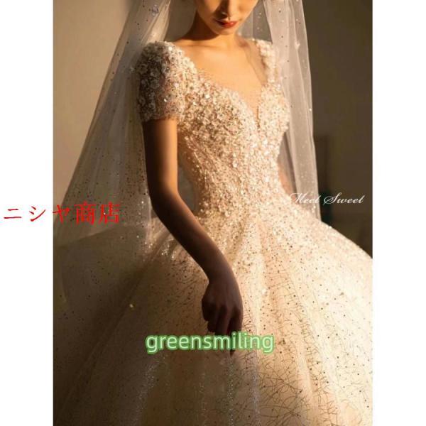 ウェディングドレス 二次会 結婚式 前撮り ブライダル ロングドレス 花嫁 プリンセスライン 半袖 キラキラ 華やか プリンセスドレス フォーマル 披露宴_9