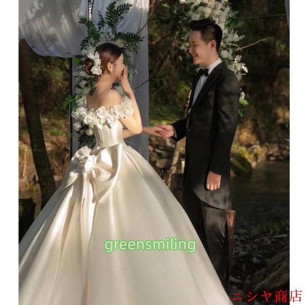 ウェディングドレス 二次会 結婚式 前撮り ブライダル ロングドレス 花嫁 プリンセスドレス フラワー リボン サテン オフショルダー 可愛い 披露宴_1