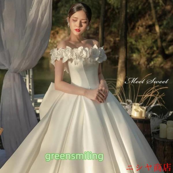 ウェディングドレス 二次会 結婚式 前撮り ブライダル ロングドレス 花嫁 プリンセスドレス フラワー リボン サテン オフショルダー 可愛い 披露宴_4