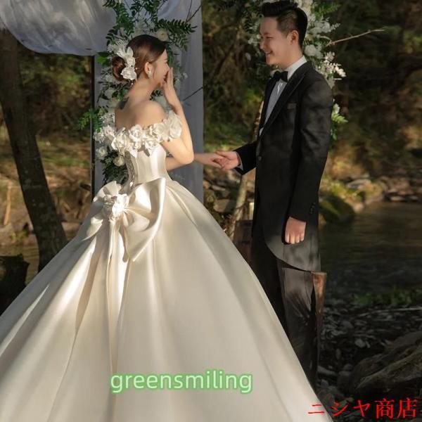 ウェディングドレス 二次会 結婚式 前撮り ブライダル ロングドレス 花嫁 プリンセスドレス フラワー リボン サテン オフショルダー 可愛い 披露宴_5