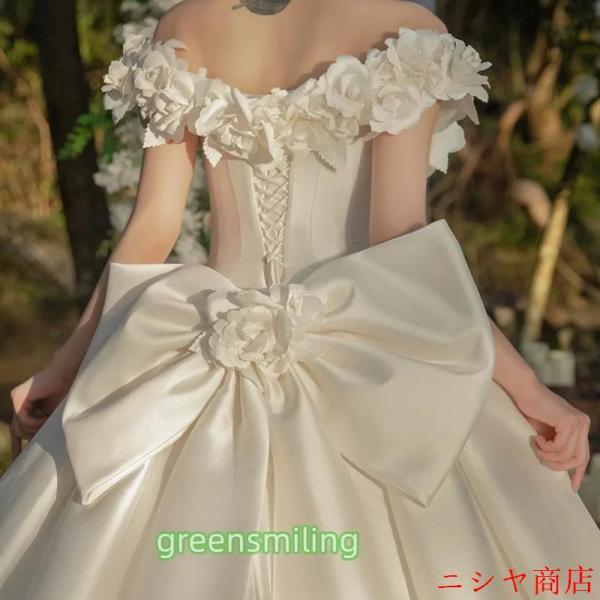 ウェディングドレス 二次会 結婚式 前撮り ブライダル ロングドレス 花嫁 プリンセスドレス フラワー リボン サテン オフショルダー 可愛い 披露宴_6