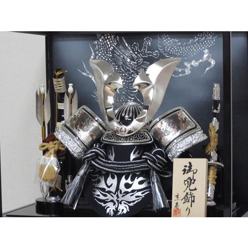 五月人形 兜飾り ケース入り 木製弓太刀付 間口43×奥行30×高さ41cm 12号銀中鍬角兜ケース飾り YN51353GKC シルバー  kabuto-49の画像