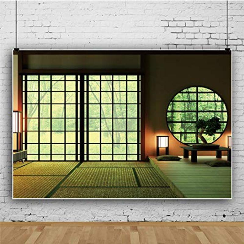 Qinunipoto 背景布 和室 部屋 屋内 丸窓 緑の庭の眺め 暖かい光 ストロー