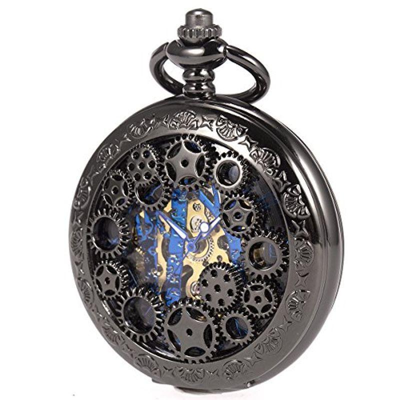 Manchda メンズ ゴールド 二重カバー 蒸気時代 復古風 歯車 ローマ数字 手巻き 機械