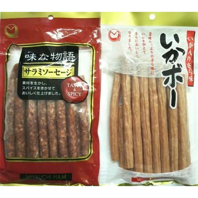 あっさり味のいか入りさら味「いかボー」・スパイシーなサラミソーセージ「味な物語」徳用袋  220g　2袋セット｜yunokawa｜02