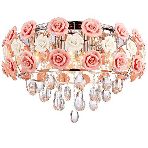 新品純正品 シーリングライト おしゃれ 天井照明 LUOLAX Romantic Ceramic Rose Flower シャンデリア Modern クリスタル Pendant Lamp Flush Mount Hanging Fixture for Gir