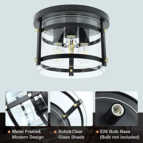 底値 シーリングライト おしゃれ 天井照明 DLLT Industrial Flush Mount， 3-Light ヴィンテージ Farmhouse ガラス Light Fixture， 11.8 Inch Black Metal Close to f