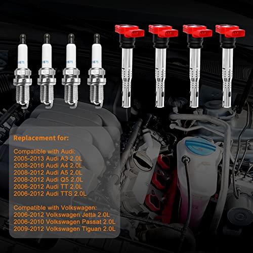 アウトレットパーク Ignition Coil Pack ＆ Spark Plugs Set of 4 Replacement for Audi A4 A5 TT Volkswagen CC Tiguan ＆ More 2.0L 2.0T Replaces# 06E905115E， UF529， 06E905115