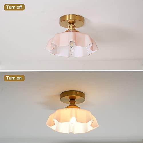 公式正規販売店 シーリングライト おしゃれ 天井照明 DSMJFU Brass Semi Flush Mount， Cute Small Pink ガラス Shade Fixtures for Closet Hallway Entryway