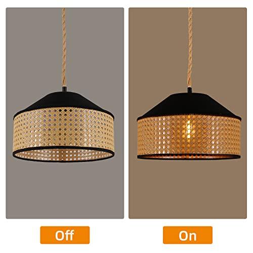 特価タイムセール シーリングライト おしゃれ 天井照明 Plug in Pendant Light Rattan Hanging Lamp with On/Off Switch 15 Ft Hemp Rope Black Fabric+Handwoven Rattan Lampshad