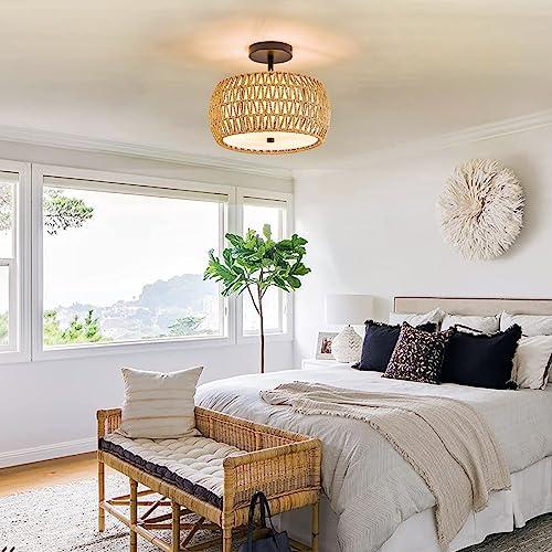 注目ショップ シーリングライト おしゃれ 天井照明 SYZXSP 3-Light Semi Flush Mount， Woven Rattan Boho Light Fixtures Mount with Fabric Shade Farmhouse Fixture for Be