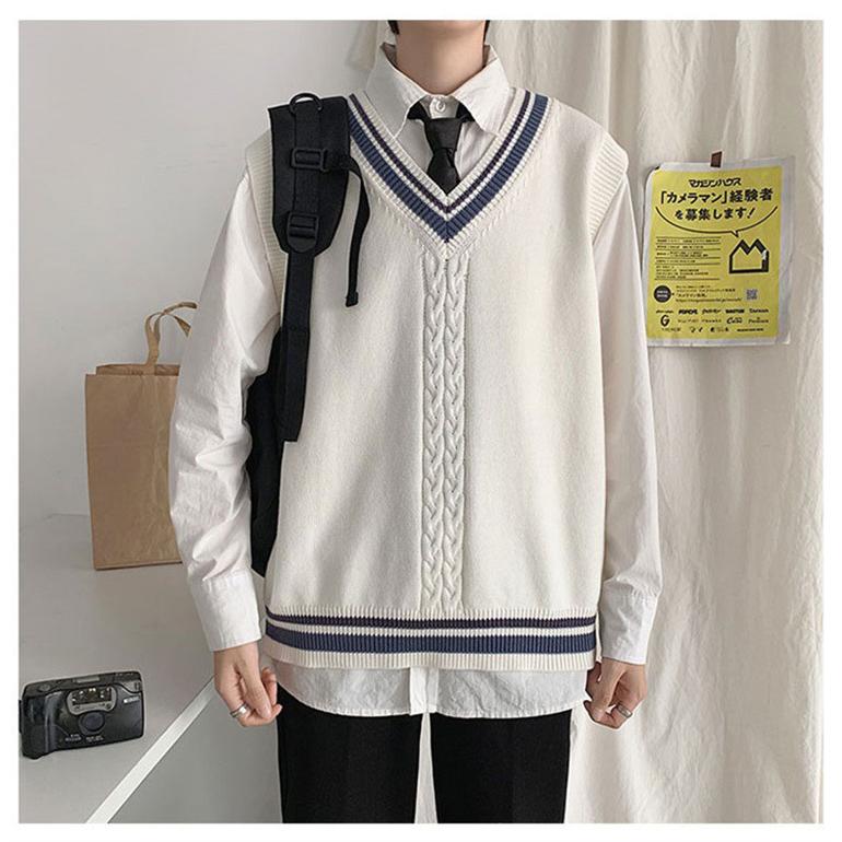 制服 Vネック ニットベスト 学生 男女兼用 スクールベストJK ライン入り ニットベスト無地 セーター 高校 中学 オールシーズン ホワイト 年間使いやすい｜yurijiwei2021｜07